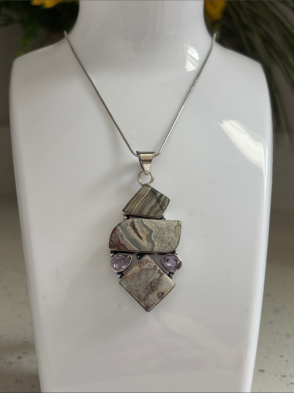 Sterling Silver Crazy Lace Agate & Amethyst Gemstone Pendant Necklace
